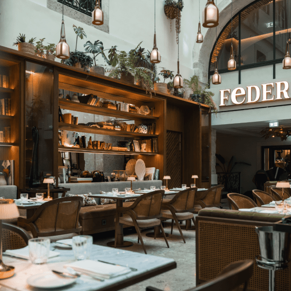 Elegant interior of Federico's Restaurant in Lisbon, cozy dining atmosphere